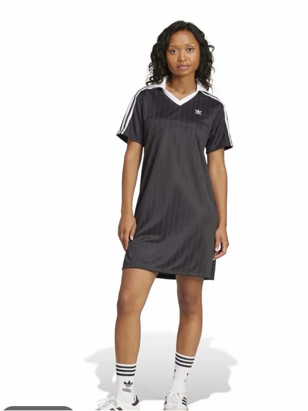 adidas Black Jacquard V-Neck Tee Dress with White Stripe Accents